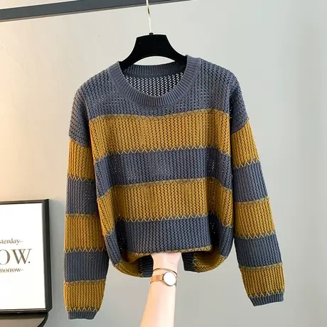 宽条纹长袖慵懒风毛衣女早春薄款百搭上衣2025新品宽松圆领针织衫图片