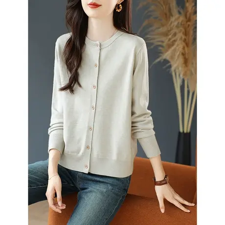 宝诗黎圆领慵懒针织开衫纯色长袖温柔上衣打底衫女春秋2024年新款商品大图