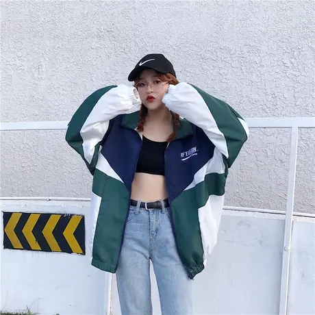港风原宿撞色拼接外套潮男女夏季欧美街头嘻哈宽松情侣春款bf夹克商品大图