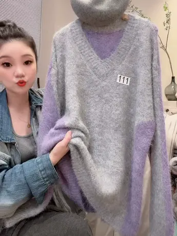 别致设计感拼色毛衣女秋冬新款慵懒风复古V领宽松针织衫百搭上衣商品大图