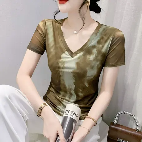 性感网纱短袖T恤小衫女夏装时尚气质V领上衣扎染印花半袖修身体恤商品大图