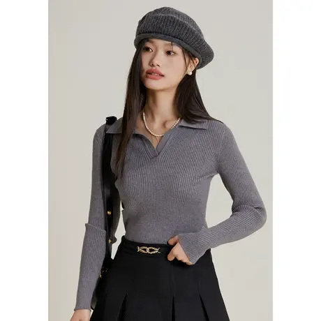 弥古灰色翻领polo针织衫女长袖修身法式内搭打底上衣2023新款春秋商品大图