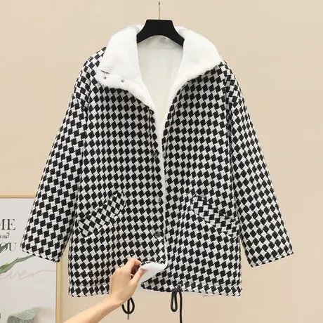 格子加绒加厚外套女休闲2023冬季新款百搭韩版宽松显瘦毛毛上衣商品大图