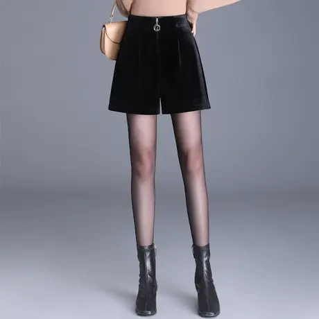 时尚显瘦丝绒阔腿裤女2023秋冬新款后松紧腰遮胯口袋外穿宽松短裤图片