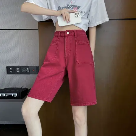 酒红色阔腿牛仔五分短裤女夏季薄款高腰显瘦小众a字直筒中裤5分裤图片