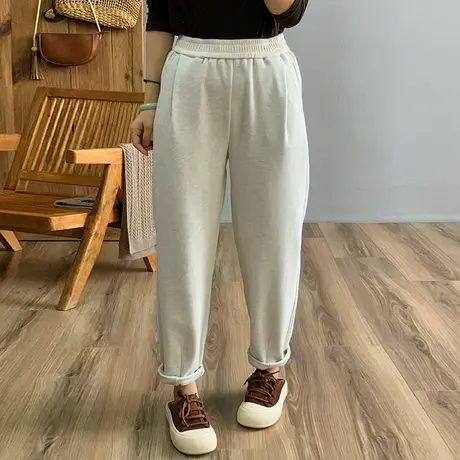 dza 高腰显瘦纯色全棉加绒哈伦裤子女士冬外穿长裤宽松直筒休闲裤商品大图