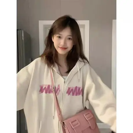 美式复古hiphop卫衣女2023春秋宽松慵懒风连帽小个子薄款开衫外套商品大图