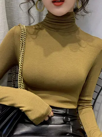 欧货堆堆领高领打底衫女秋冬洋气紧身加绒加厚内搭长袖上衣t恤潮图片