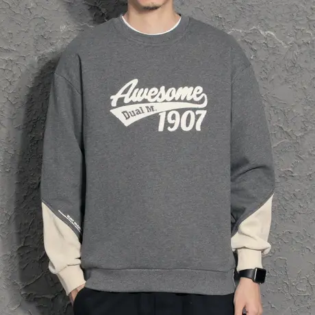 奕飏灯芯绒拼接潮牌圆领卫衣男秋冬国潮情侣衣服长袖T恤植绒外套商品大图