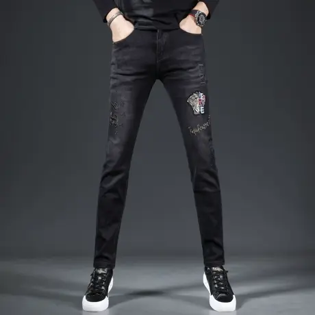 高端刺绣牛仔裤男秋季2023新款修身小脚黑色潮流弹力男士裤子青年商品大图