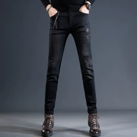黑色破洞牛仔裤男秋冬新款2023潮流修身小脚时尚刺绣补丁弹力裤子商品大图