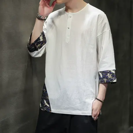 中国风男半袖衣服大码拼接圆领盘扣五分袖宽松青年花T恤休闲上衣图片