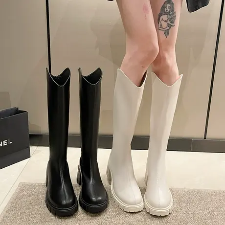 长筒靴女2023年新款小个子高跟瘦瘦靴厚底高筒骑士靴不过膝长靴子商品大图