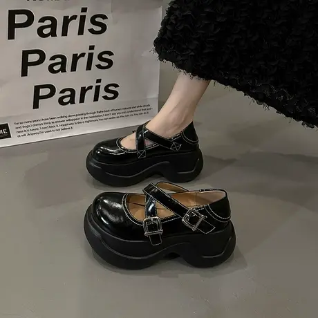 朋克风浅口厚底鞋亚文化松糕底增高女鞋2023新款黑色单鞋子小皮鞋商品大图