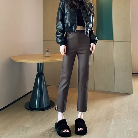 pu皮裤女秋冬高腰显瘦高级感咖色美拉德加绒九分紧身直筒烟管裤子商品大图