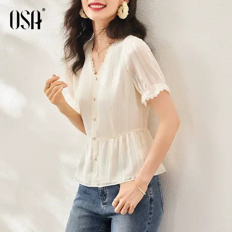OSA欧莎遮肚短款V领雪纺衫短袖女夏季2022年新款收腰洋气小衫上衣商品大图