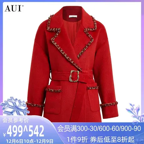 AUI欧洲站红色高级感毛呢外套女2023冬新款修身中长款呢子大衣厚图片