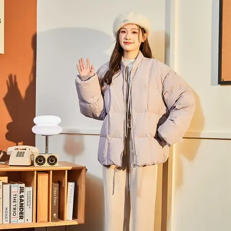 唐狮2023冬季新款女韩系短款休闲慵懒甜美紫色蝴蝶结圆领羽绒服图片