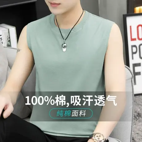 纯棉背心男士健身跨栏篮球运动坎肩宽肩纯色汗衫宽松全棉无袖t恤商品大图