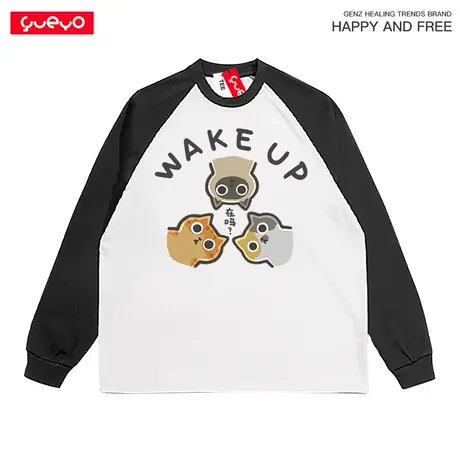 悦游 在吗？ 猫咪日系少年拼色长袖T恤男原创秋冬重磅纯棉商品大图