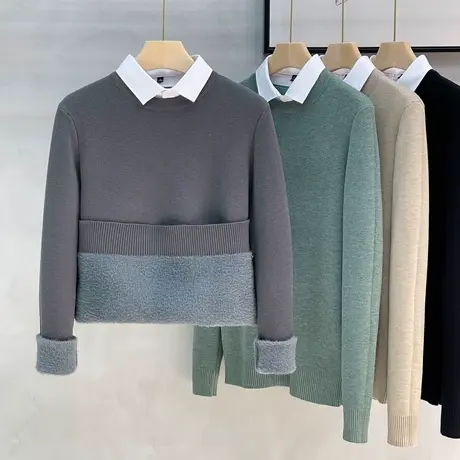 一体加绒加厚假两件毛衣男衬衫领商务冬装保暖打底针织衫带领线衣商品大图