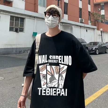 港风卡通高街2023新款国风短袖t恤男潮牌纯棉打底衫宽松衣服潮ins商品大图