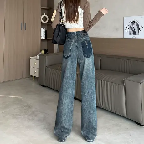 窄版阔腿牛仔裤女2024年新款春秋季高腰宽松显瘦小个子复古直筒裤商品大图