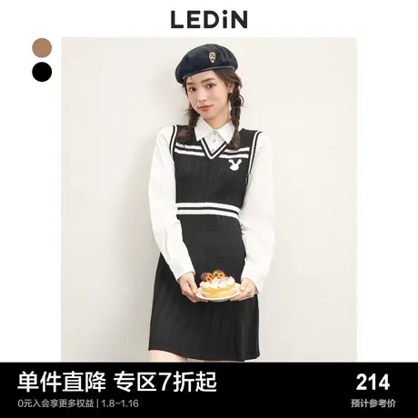 乐町拼接针织连衣裙女学院收腰假两件裙子C1FAC4101图片