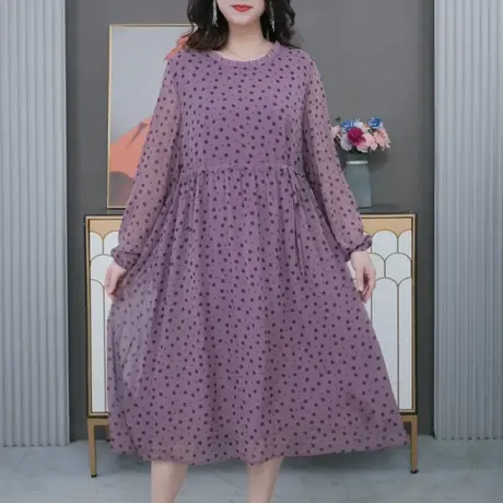 大码女装a字宽松气质时尚圆领裙子春法式休闲印花收腰连衣裙长袖图片