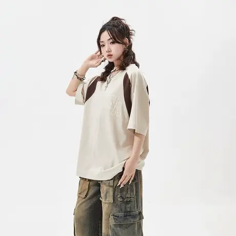 YEP复古大版拼接短袖t恤女2024年春夏新款街头潮牌宽松情侣装上衣图片