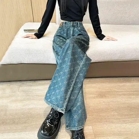 印花阔腿牛仔裤女2024春秋新款设计感宽松直筒高腰显瘦百搭拖地裤商品大图