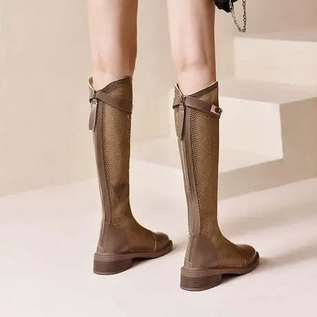 镂空网纱长靴女2024年夏季新款透气粗跟V口高筒骑士靴后拉链凉靴图片