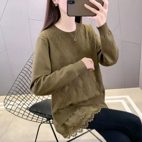 春季宽松女装中长款外搭套头毛衣女蕾丝拼接假两件长袖针织打底衫图片