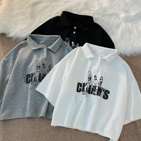 短款polo衫美式复古短袖t恤女夏季潮ins港风宽松韩版原宿风上衣服商品大图