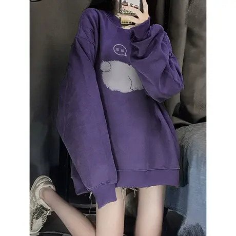 紫色圆领卫衣女秋冬加绒美式复古宽松小众设计感潮牌春秋外套上衣商品大图