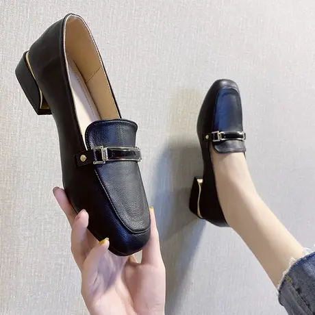 英伦小皮鞋女2022春季新款时尚百搭软底职业舒适软皮平底方头单鞋商品大图