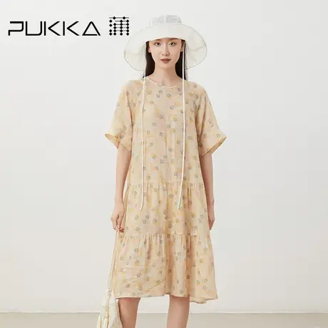 蒲PUKKA 2023女装夏季设计感苎麻小碎花法式田园风碎花连衣裙图片