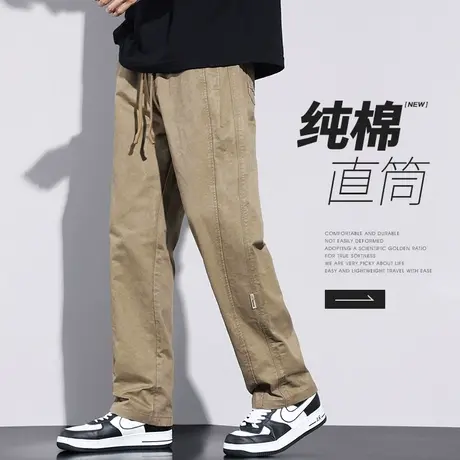 春秋款男款高端纯棉垂感阔腿休闲长裤子夏季男生宽松直筒工装男裤商品大图