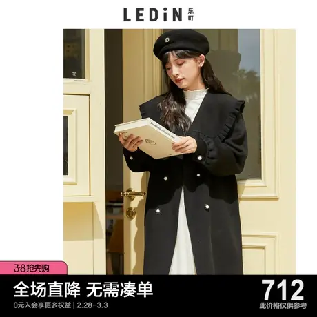 乐町翻领双面呢大衣休闲秋冬新款女装黑色保暖绵羊毛长款毛呢外套图片