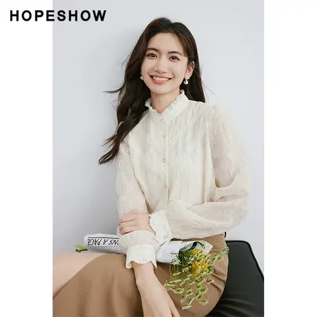 红袖法式层次感花边立领衬衫女hopeshow2024春季新款休闲通勤上衣商品大图