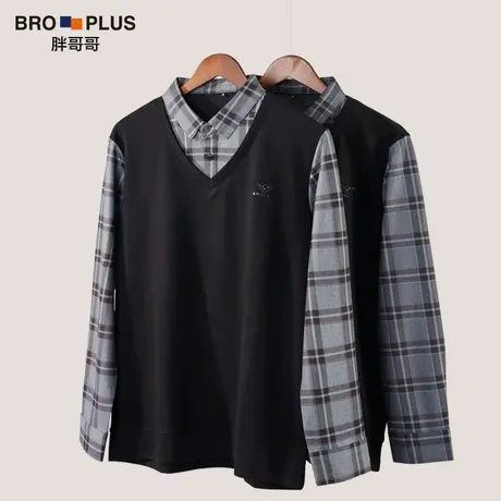 胖哥哥2023秋季新款假两件衬衫男大码宽松加肥加大时尚潮流衬衣男商品大图