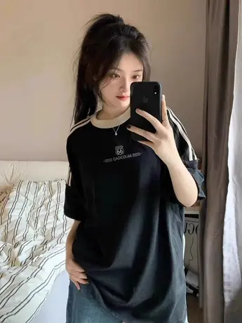 美式复古三条杠插肩短袖t恤女2024新款夏季宽松设计感小众上衣服商品大图