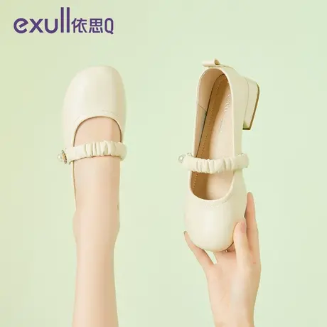 依思Q2024年春秋新款网红浅口扣带单鞋女百搭低跟平底粗跟豆豆鞋商品大图