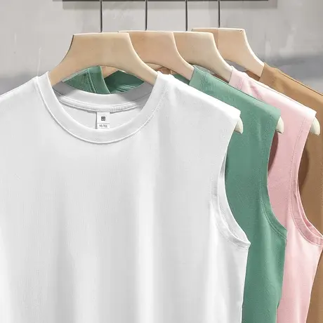 重磅纯棉无袖t恤男士背心夏季健身篮球跨栏外穿纯色汗衫运动坎肩商品大图