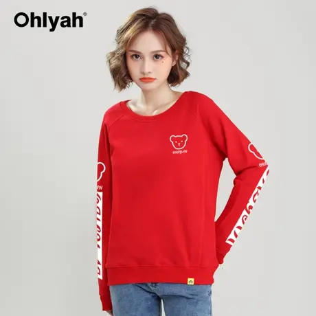 Ohlyah品牌 红色卫衣女纯棉情侣装长袖小熊圆领新年团队工作班服商品大图
