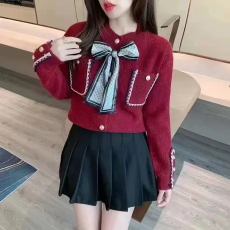 2023爆款早春季甜美设计感蝴蝶结针织衫女短款开衫减龄洋气毛衣女商品大图