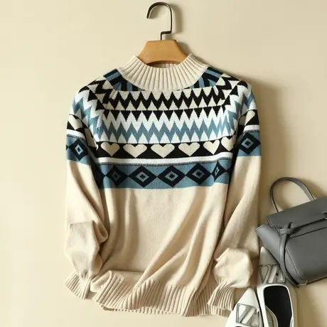 秋冬新款条纹半高领宽松百搭加厚毛衣女士洋气显瘦针织衫打底上衣商品大图