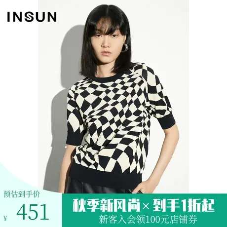 恩裳COVER2023年夏款新款舒适曲珠冰麻棋盘格提花小倒T插肩袖上衣商品大图