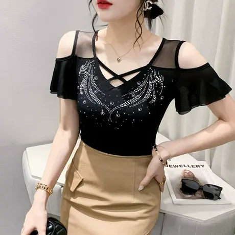 性感V领网纱T恤女短袖夏装欧货荷叶边紧身小衫洋气烫钻露肩上衣潮商品大图
