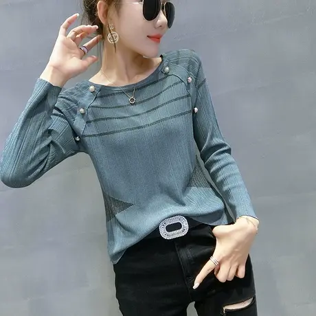 内搭针织打底衫女春秋小个子短款钉珠洋气上衣修身百搭圆领薄毛衣商品大图